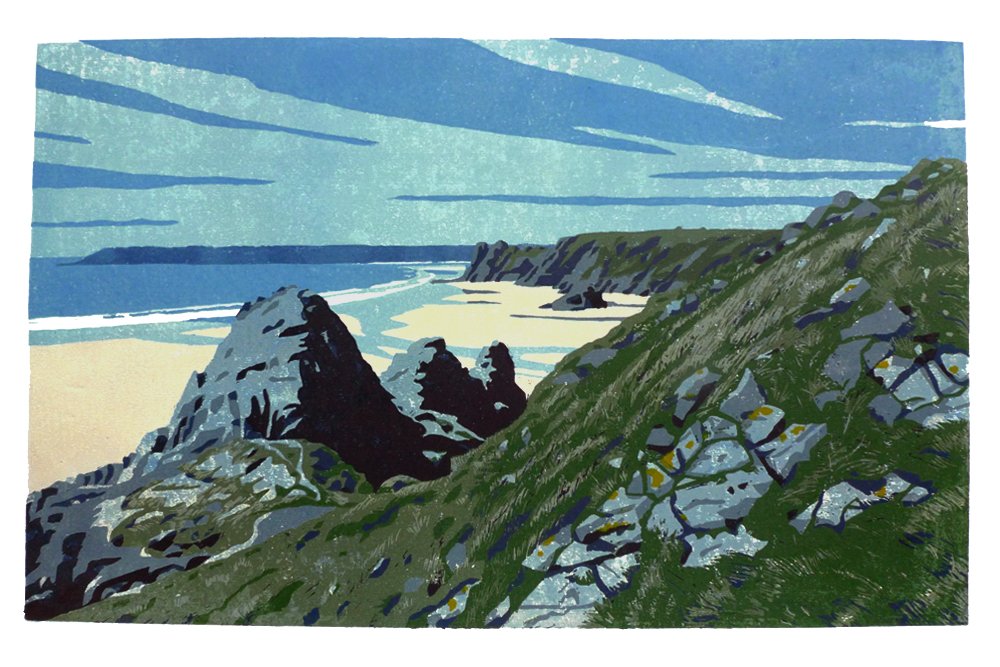 Three Cliffs Bay, Gower - end of a reduction linocut journey of almost 2 months, 9 (or maybe 10 colours) with a few days tutoring in between printing days. As 'straight/square' a photo as I seem able to take <a href="/jshakart/">John Shakespeare RBSA</a> :) #linocut #LimitedEdition #threecliffsbay #reductionlinocut