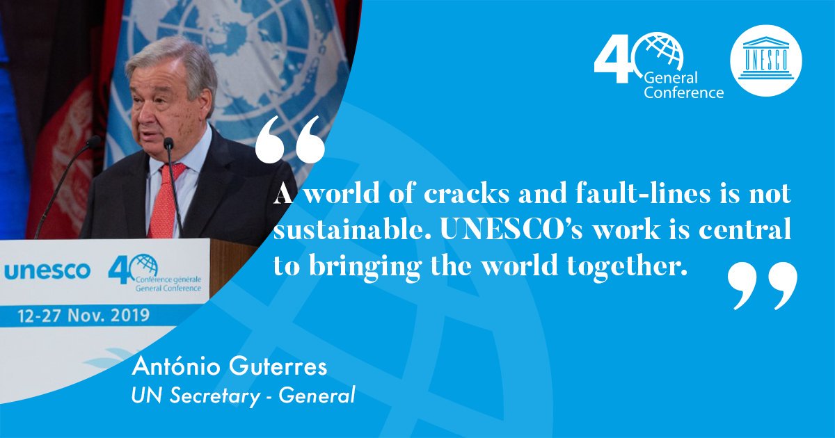 UNESCO's tweet photo. As @UN Sectary-General @antonioguterres addressed the 40th session of the #unescoGC, he encouraged world leaders to work together to achieve the #GlobalGoals!  #IChoosePeace https://t.co/Q7ozztWcyw