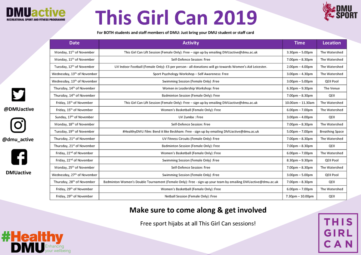 THIS GIRL CAN | Throughout November we are encouraging all <a href="/dmuleicester/">dmuleicester</a> female student &amp; staff members to get active 🙌

There are a number of FREE sport &amp; fitness sessions that you can get involved with🔥

Check them out on the timetable below 👇

#ProudToBeMore
#HealthyDMU