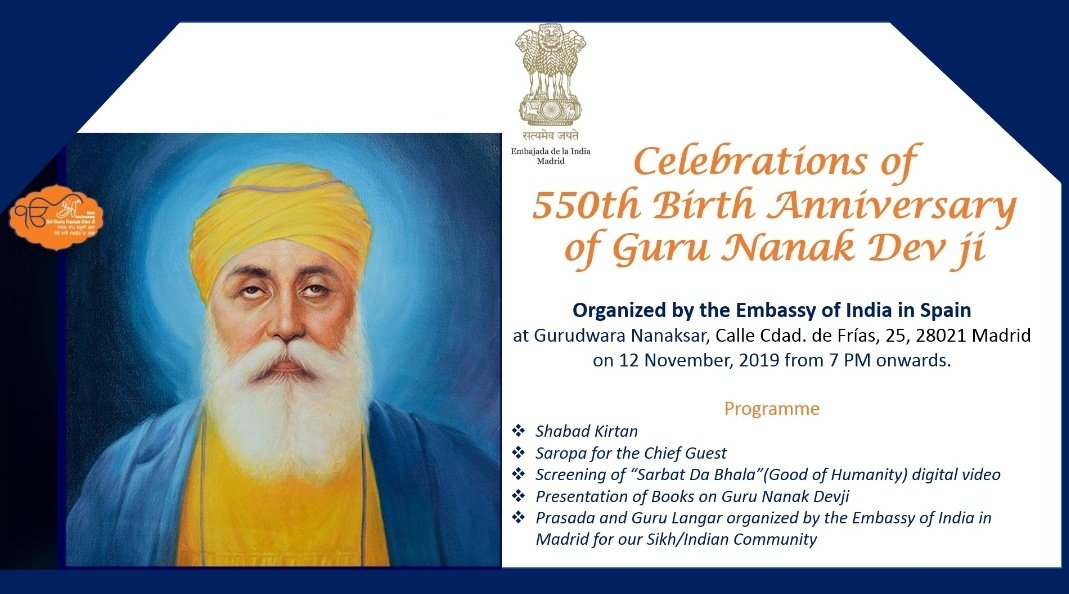 Today !Join us for the commemoration of 550th Birth Anniversary of Guru Nanak Dev Ji in Madrid.@550yrsGuruNanak#550YearsOfGuruNanakDevJi @IndianDiplomacy