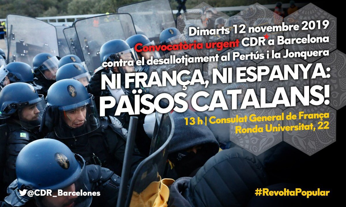 ⬛️⬜️📢 Convocatòria urgent del <a href="/CDR_Barcelones/">CDR_Barcelonès #RevoltaPopular 🔥</a> davant del consolat general de França a Barcelona, per a qui no pugui anar a la Jonquera.

📍 Ronda Universitat, 22
📌 13 h

#ObjectiuIndependència