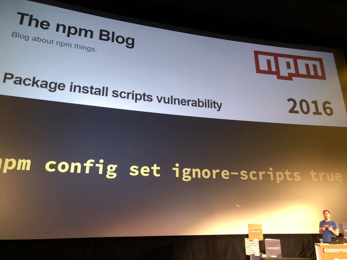 sergepoliakoff's tweet image. Most important and useful advise from @rtfeldman: npm confit set ignore-scripts true #CodemotionBerlin19 #justDOit