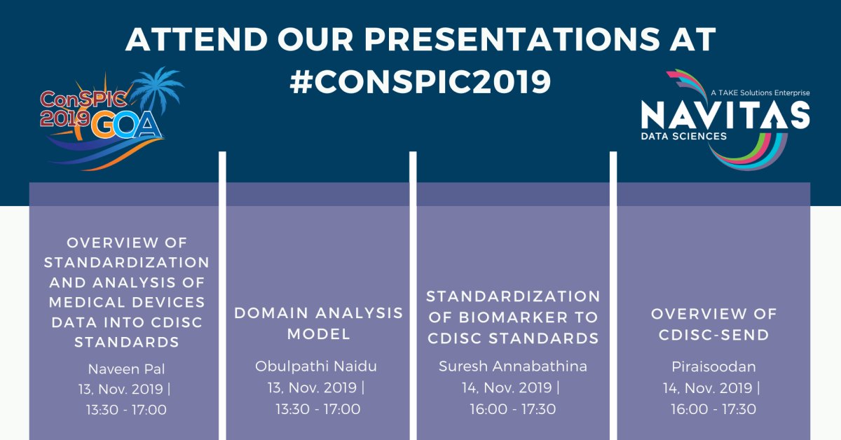 NavitasDS's tweet photo. As a proud #IASCT Partners, we are pleased to be presenting on four exciting topics at #ConSPIC2019. Please stop by the Navitas Data Sciences booth - we look forward to meeting you!
For more information: https://t.co/j0at9q4ReS
#ConSPIC2019 #NavitasLifeSciences #ClinicalData https://t.co/WpFgqyhPAl