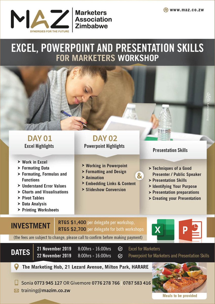 MarketersZim's tweet photo. Did you know that your current utilisation of Excel and PowerPoint applications is probably less than 40% their capacity? To learn more on Excel , Powerpoint  join for the two day training workshop on 21st &amp; 22nd  November 2019 from 8:30am – 4:30pm.
#learn
#Excel https://t.co/8HALrRhEzd