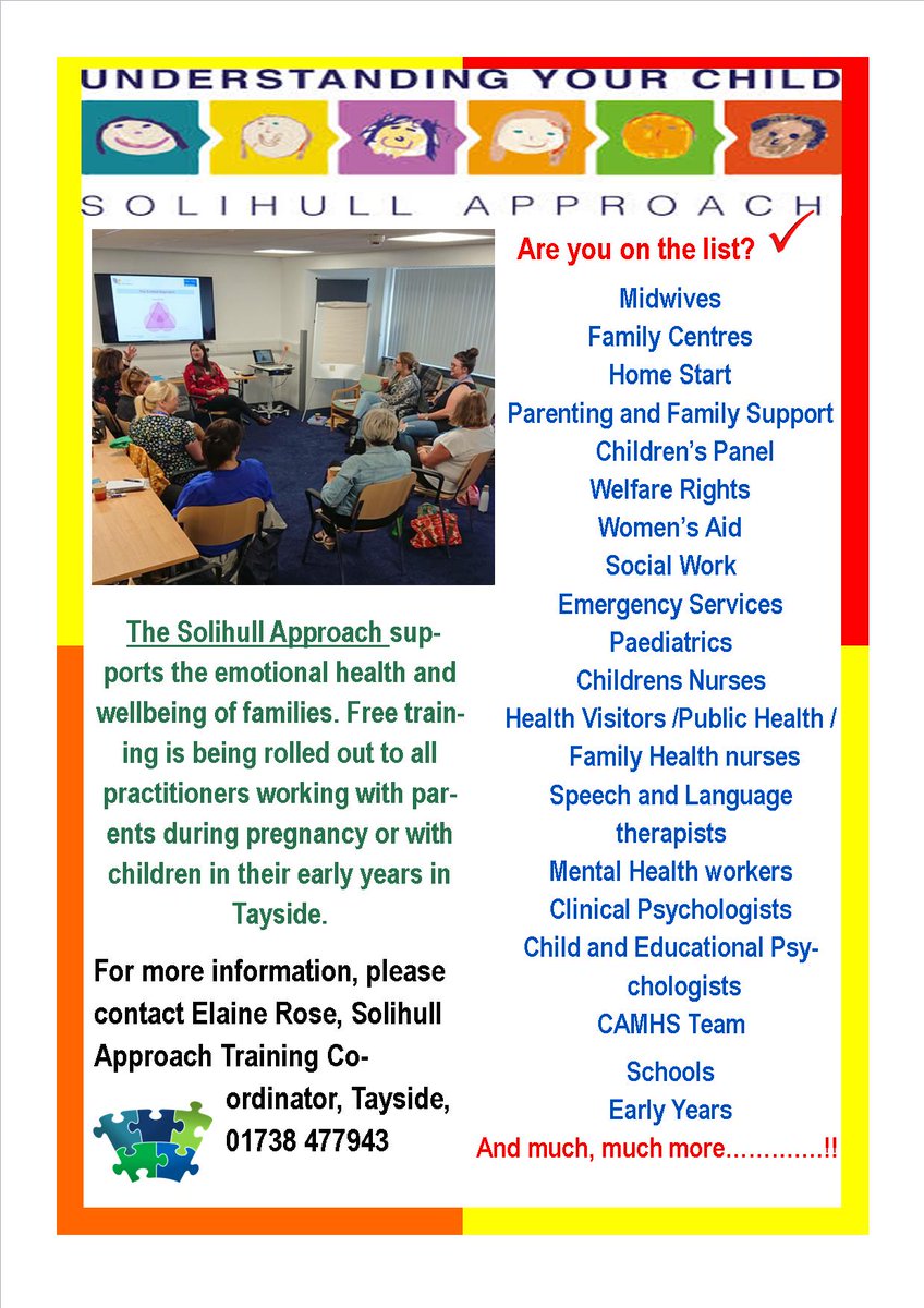 SolihullAcrossTayside (@solihulltayside) on Twitter photo We have spaces available for Solihull Approach Training running on Fri 22nd Nov and Fri 6th Dec at venues in Dundee and Forfar, Angus. This free training is open to anyone who works with families, specifically within Antenatal and the Early Years
solihullacrosstayside@pkc.gov.uk We have spaces available for Solihull Approach Training running on Fri 22nd Nov and Fri 6th Dec at venues in Dundee and Forfar, Angus. This free training is open to anyone who works with families, specifically within Antenatal and the Early Years
solihullacrosstayside@pkc.gov.uk