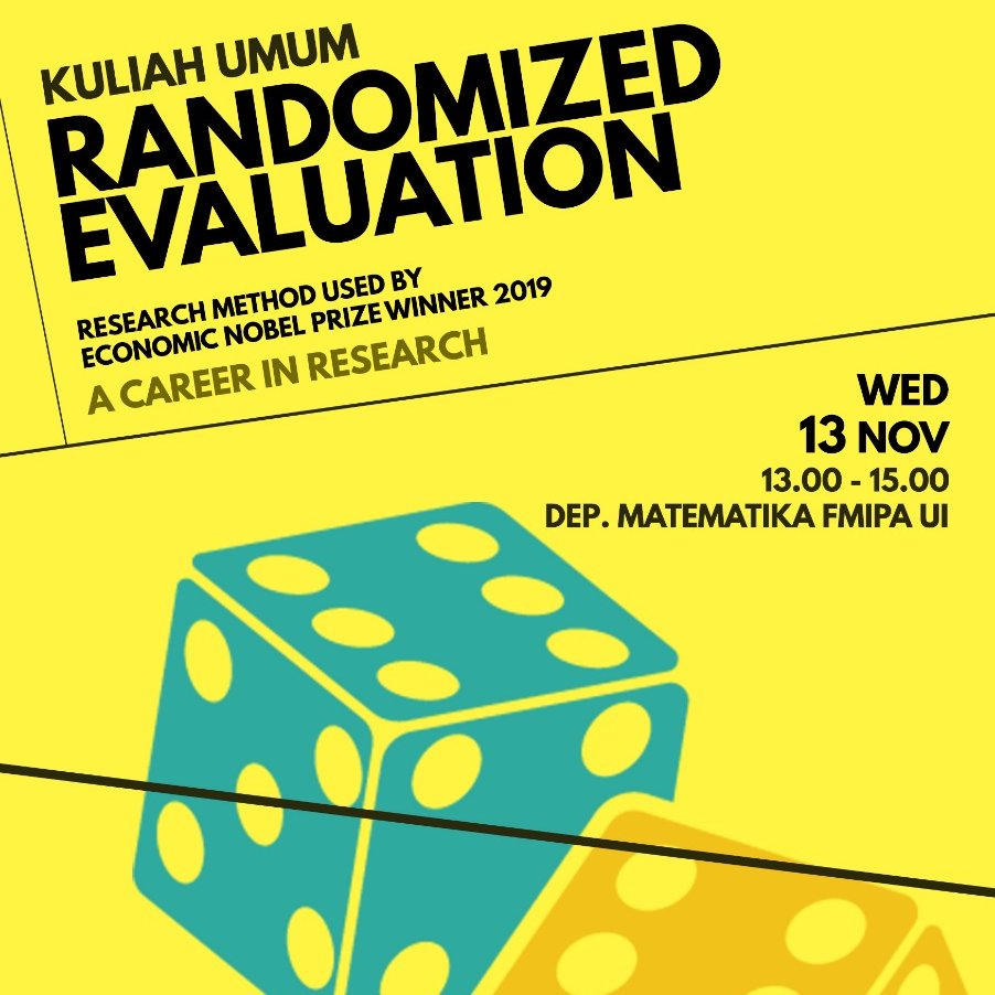 JPAL_SEA's tweet image. Sedang beredar di #UIDepok, besok (13 Nov)?#LinaMarliani, Direktur Eksekutif @JPAL_SEA akan berada di #FMIPAUI utk sharing ttg randomized evaluation, metode evaluasi dampak yg digunakan pemenang Nobel Memorial Bidang Ekonomi 2019 &amp;amp; karir di bidang riset. Ayo hadir!