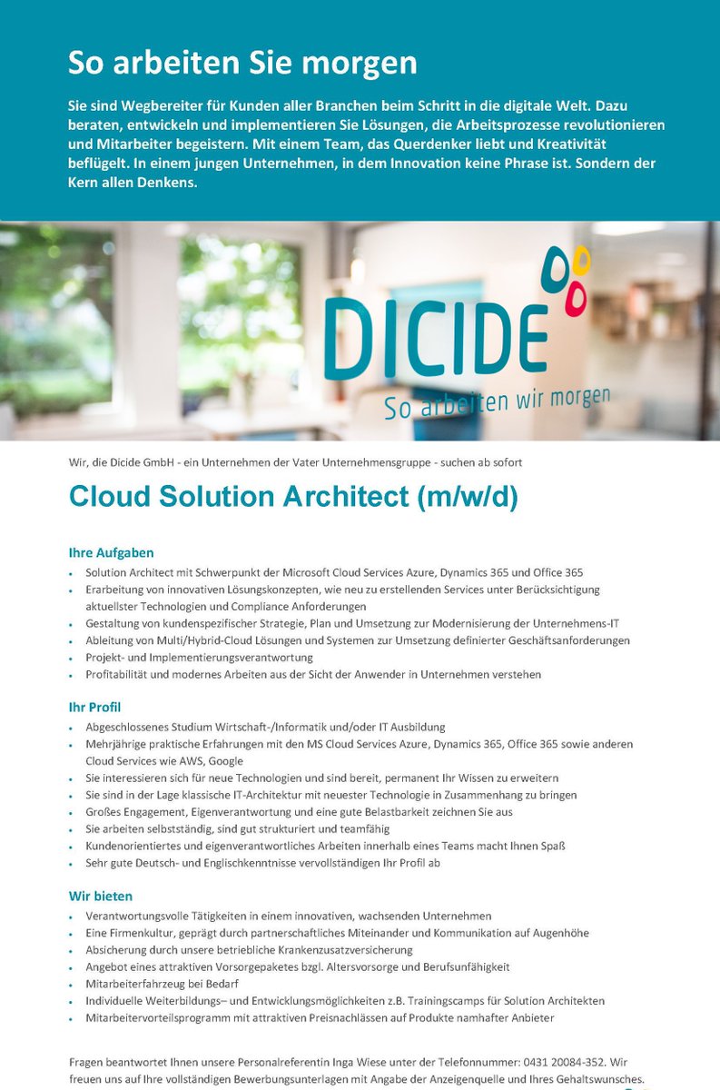 Dicide_de's tweet image. Du möchtest in einem tollen Team, spannende Aufgaben verantworten und suchst einen modernen Arbeitsplatz? 🚀Wir suchen einen Cloud Solution Architect. ☁️ Bewirb dich jetzt! #job #wirsuchendich #CloudSolutionArchitect