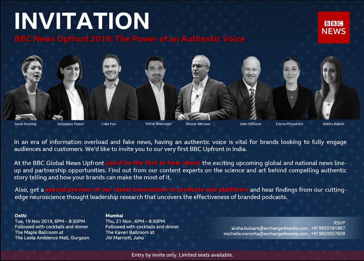 e4mtweets's tweet photo. Be the first one to hear about BBC's global & national editorial line-up, partnership opportunities & new innovations.
Register today for #BBCUpfront 2019 on 19th Nov in #Delhi(The Leela Ambience) & 21st Nov in #Mumbai (JW Marriott)
RSVP - michelle.noronha@exchange4media.com https://t.co/YNSyFl0FTM