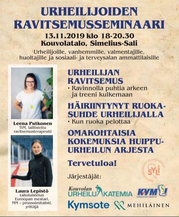 Huomenna maksuton #ravintoseminaari  urheilijoille, vanhemmille, valmentajille, huoltajille ja sosiaali- ja terveysalan ammattilaisille. Teorian ja kokemuksen peräistä tietoa tuovat @LeenaPutkonen & @LauraLepisto
Kouvolatalo (varuskuntakatu 11) klo 18 #ravinto #KymLi #Kouvola