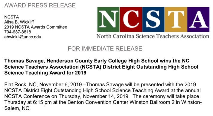 HCVPS's tweet photo. Congratulations to Tom Savage, HCVPS Forensic Science teacher, for receiving the NCSTA District 8 Outstanding High School Science Teacher Award.  We are so fortunate to have him on our online teaching team! #HCPSFamily #HCPSonline #HCVPS https://t.co/gFxWXPLCQ5