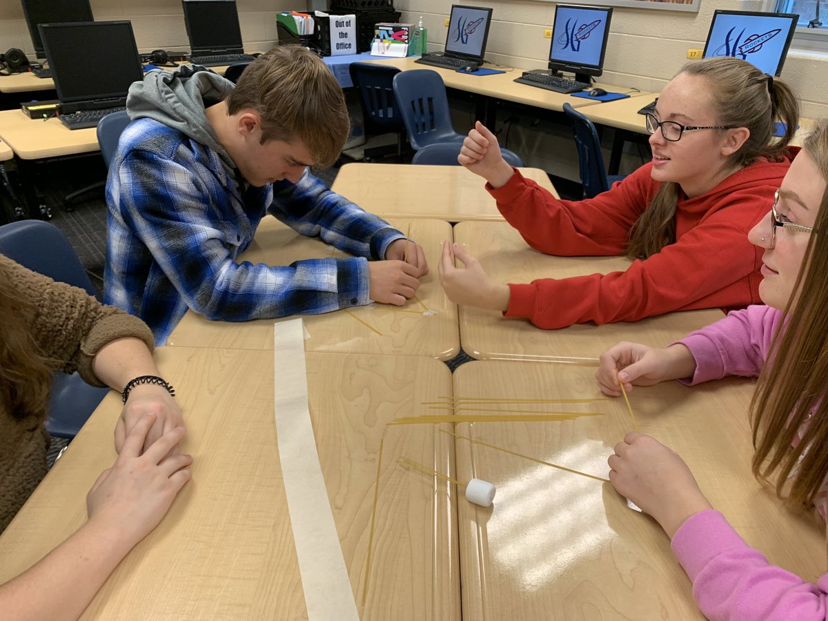 Kicking off our teamwork unit in D.O. this week— marshmallow, spaghetti and tape for the win!  Great effort today by these Seniors! #DObigthings #RocketPride