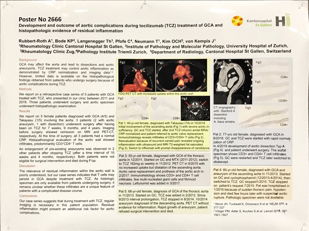 Important caution from Dr. Rubbert-Roth 

Four patients with GCA with aortic inflammation on tocilizumab even when imaging was negative for disease activity!

#ACR19 #rheum #GCA #Rheumatology #rheumtwitter