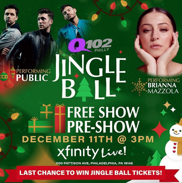 Q102Philly's tweet photo. Come join us at the Q102 JingleBall #FreeShowPreShow before the big one on Dec. 11th ‼️ It'll be at @XfinityLive at 3pm with amazing performances from @PUBLICTHEBAND & @BriannaMazzola & MORE surprises for you 😉
Get your tickets! ➡️https://t.co/8G68XhrLpc https://t.co/mOZC1HV6Mt