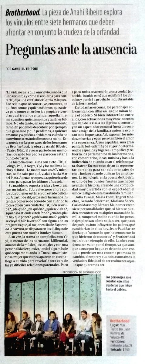 gabytripodi's tweet image. Mi #reseña para @revistaenie @clarincom sobre la #obra de #teatro #Brotherhood, de @anahi_ribeiro. En #NUNTeatroBar.
✒📰🎭
#teatro #teatroargentino #actores #artistas #prensa #news #cultura #theaters #revistañ #periodismocultural #journalist #review  #buenmartes #crítica #textos