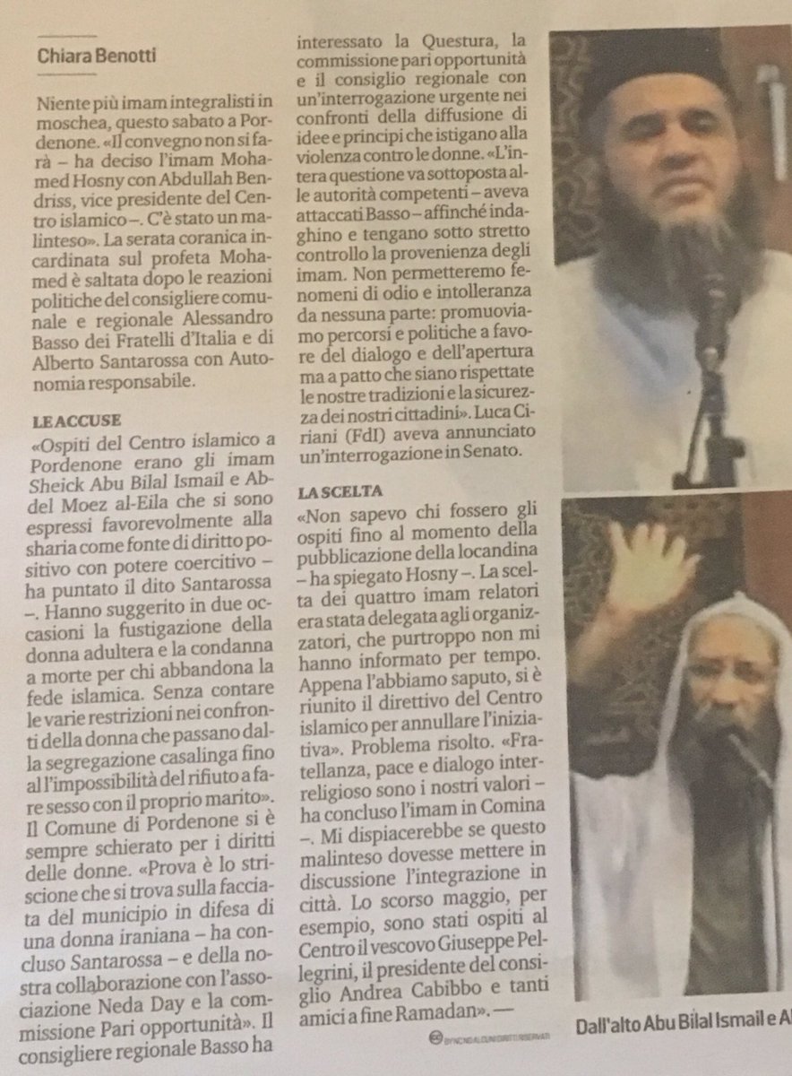 Dopo aver chiesto chiarimenti all’imam di #pordenone riguardo la partecipazione di due integralisti a parlare nel centro islamico,noto con piacere che questi due individui non verranno più invitati.<a href="/AutonomiaPn/">AutonomiaRespPn</a> <a href="/messveneto/">messaggeroveneto</a>