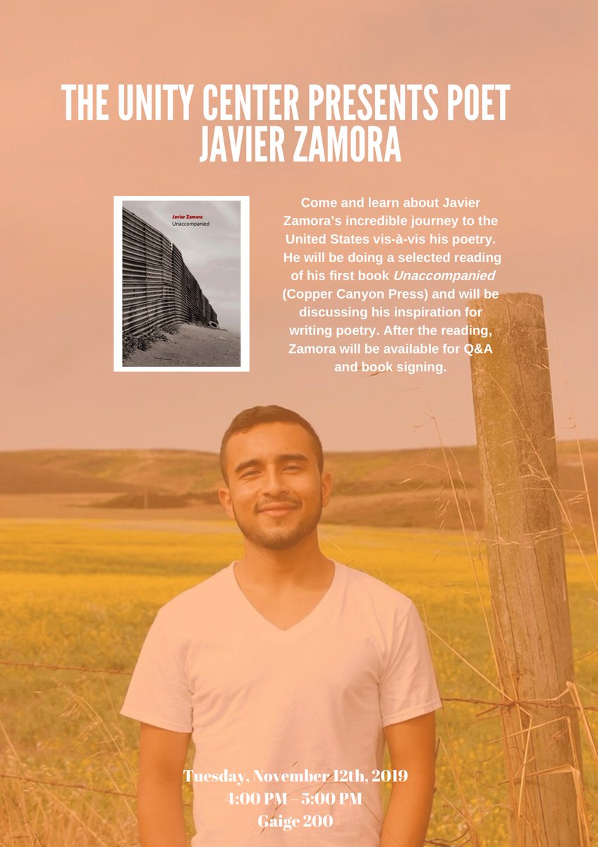 UnityCenterRIC's tweet image. Check our event tonight, poet Javier Zamora reads from his collection “unaccompanied”, which chronicles his migration from El Salvador to the United States.