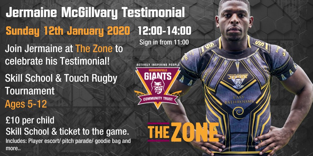 🏉 | <a href="/J_mcGillvary/">Jermaine McGillvary</a> Testimonial 
We have teamed up and organised a skill school and more <a href="/thezonehud/">The Zone</a> before the match v  Halifax RLFC at the @JS_Stadium
<a href="/Giantsrl/">Huddersfield Giants 🐮🔔</a>
Find out more 👇
hgct.co.uk/jermaine-mcgil…
If you are interested please contact dan@hgct.co.uk