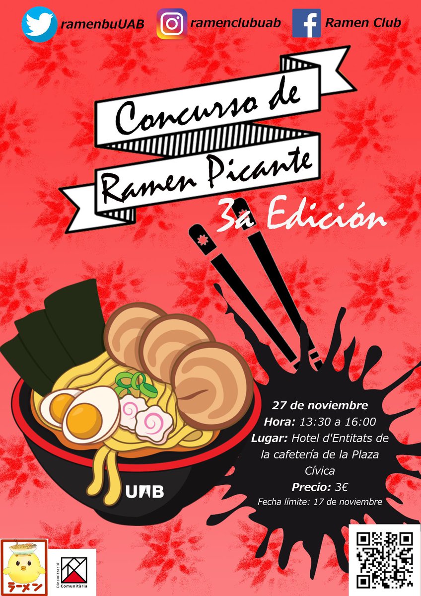 ramenbuUAB's tweet photo. ¡Hola a todos!
Esta vez compartimos con vosotros el cartel oficial del evento del Concurso de Ramen Picante y la información actualizada:
Se celebrará el día 27 de noviembre en el Hotel de Entidades, en la primera planta de la cafetería de la Plaza Cívica. https://t.co/KNWcbLAv4P