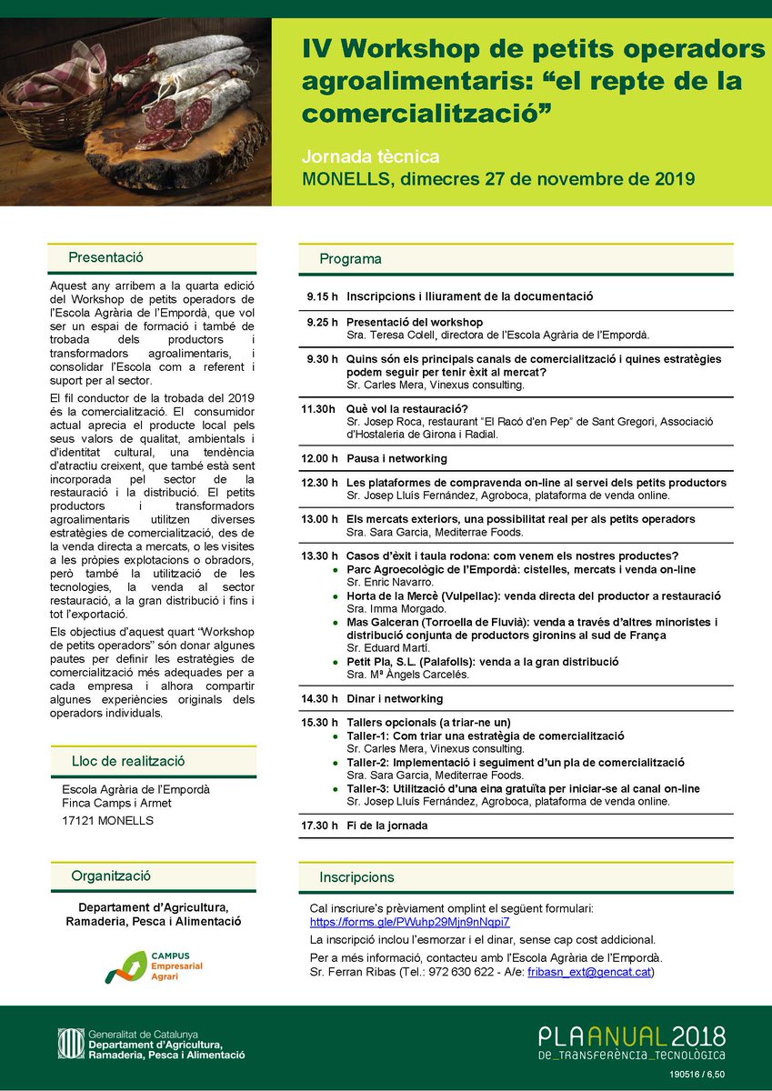 FoodLabHub's tweet image. L'Escola Agrària @eaemporda ha programat pel dia 27/11 una jornada sobre estratègies de #comercialització per a petits operadors agroalimentaris.
Inscripcions aquí: forms.gle/PWuhp29Mjn9nNq…
#Emprenedor #Alimentació #Emprendre #Comerç #Aliment #Productor