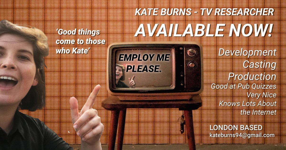thatkateburns's tweet photo. I'm free for all your TV Researcher needs!
https://t.co/FNeAhlPm3J
#tvjobs #freelancer #tvresearcher https://t.co/R6sfeB4eOA