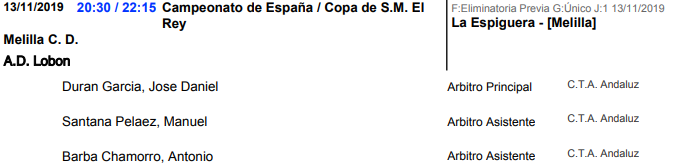 TerceraDivGr9's tweet photo. Trío arbitral confirmado para el partido @melillacd - @ADLobon. Se juega mañana a las 20'30h en #LaEspiguera de #Melilla. #CopaDelRey https://t.co/jaonJHhnNJ