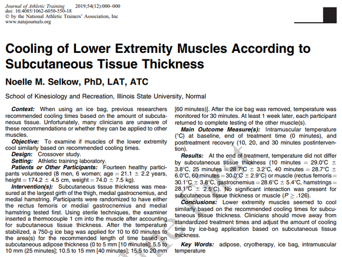 JAT_NATA's tweet photo. New online first from Dr. Noelle Selkow (@docselkow): Cooling of Lower Extremity Muscles According to Subcutaneous Tissue Thickness.

Link: https://t.co/1INLsFofOG https://t.co/wwgqlpmURD