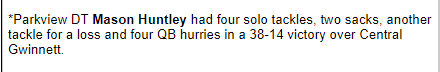ParkviewFB's tweet image. Congrats to @MasonHuntley1 on being named one of the State's Top Performers this week vs Central Gwinnett.