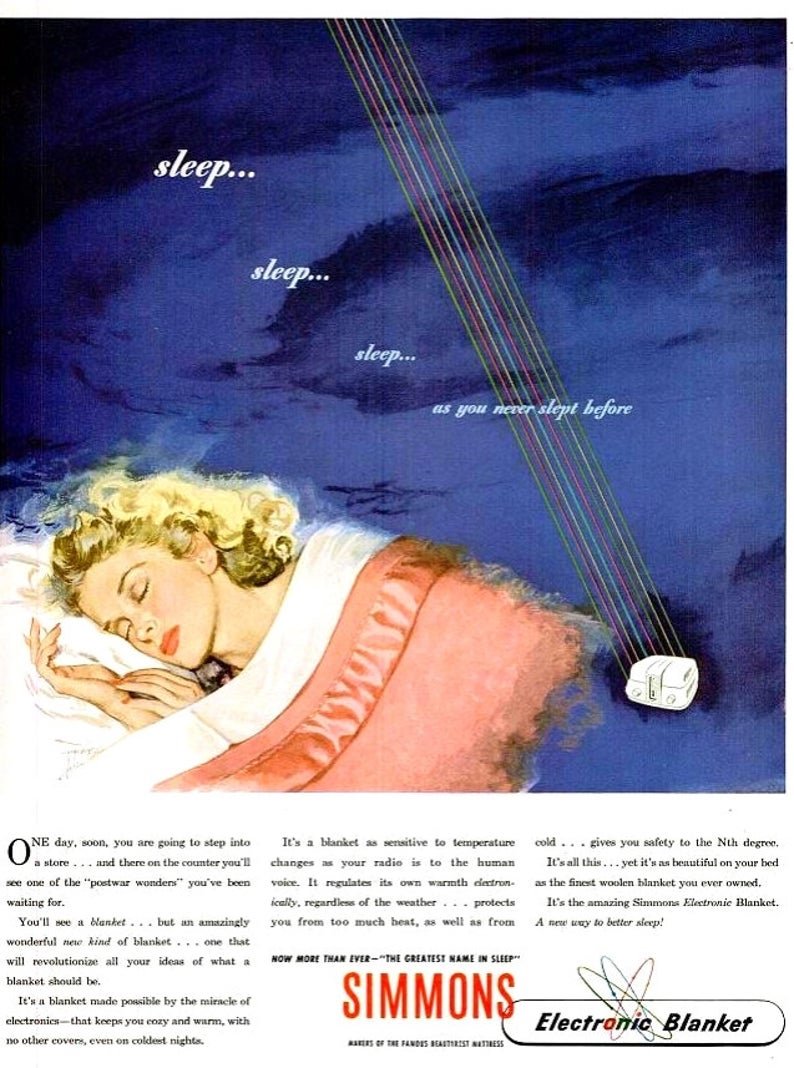 Vintage advertisement showing golden haired sleeping beauty slumbering under a blue midnight sky all thanks it seems to her electric blanket.