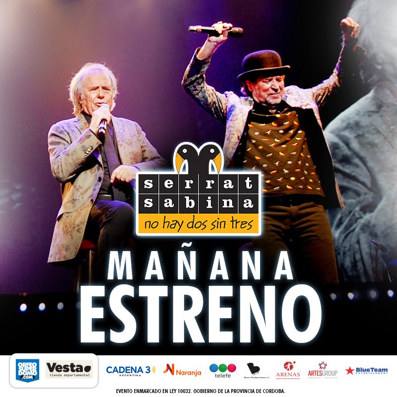 ✨ ¡ÚLTIMAS entradas a la venta! ✨
👉 13 de Noviembre, #Serrat &amp; #Sabina en Orfeo Superdomo.
🎫 Conseguí tus entradas en Vesta o por orfeosuperdomo.com
<a href="/Blueteam_us/">Blueteam Dream Makers</a> <a href="/OrfeoSuperdomo/">Orfeo Superdomo Cba</a> <a href="/TarjetaNaranja/">Naranja</a>