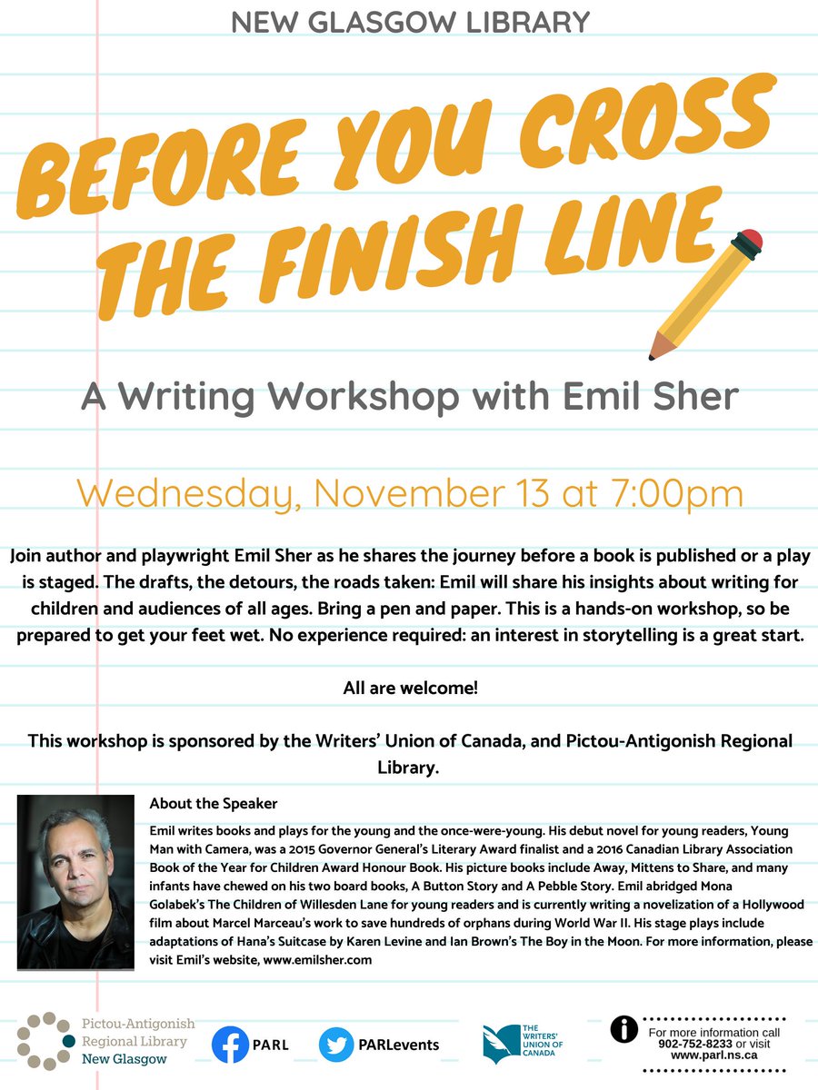PARLevents's tweet photo. Happy @NaNoWriMo ! &amp; to help you through this week 
@NaNoWordSprints ... #ComeWriteIn at #Stellarton Library on ThuNov14, 3-8pm ...&amp; a #WritingWorkshop with #EmilSher on WedNov13 at #NewGlasgow Library at 7pm! all welcome! @WritersFedNS @CanadaCouncil @writerstrust @Mix941Variety https://t.co/wNiLhrQ9qQ