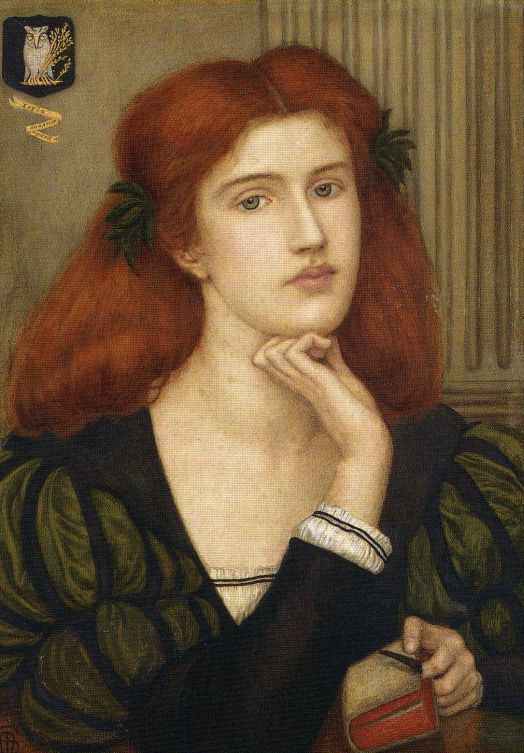 So two weeks ago when I visited the  @NPGLondon   #PreRaphSisters show with the  @ArtHistoryYork MAs and Prof. Prettejohn, we noticed that the label for Marie Spartali& #39;s "The Lady Prays-Desire" commented that "the quotation on the scroll is still to be deciphered." 1/