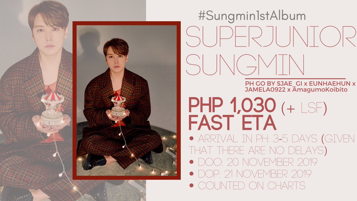 SJae_gi's tweet photo. NON-PROFIT PH GO 🇵🇭: SUNGMIN 1ST ALBUM ‘ORGEL’ #Sungmin1stAlbum
💸 PhP1030 (+LSF)
✈️ FAST ETA (3-5 days after release)
✅ With POB
📌 Order Form: https://t.co/sPMrXlNkR3
‼️Once form is submitted, we will automatically secure your slots 💙
Let us all #SupportSungmin! 💙 https://t.co/YuWpUPCFos