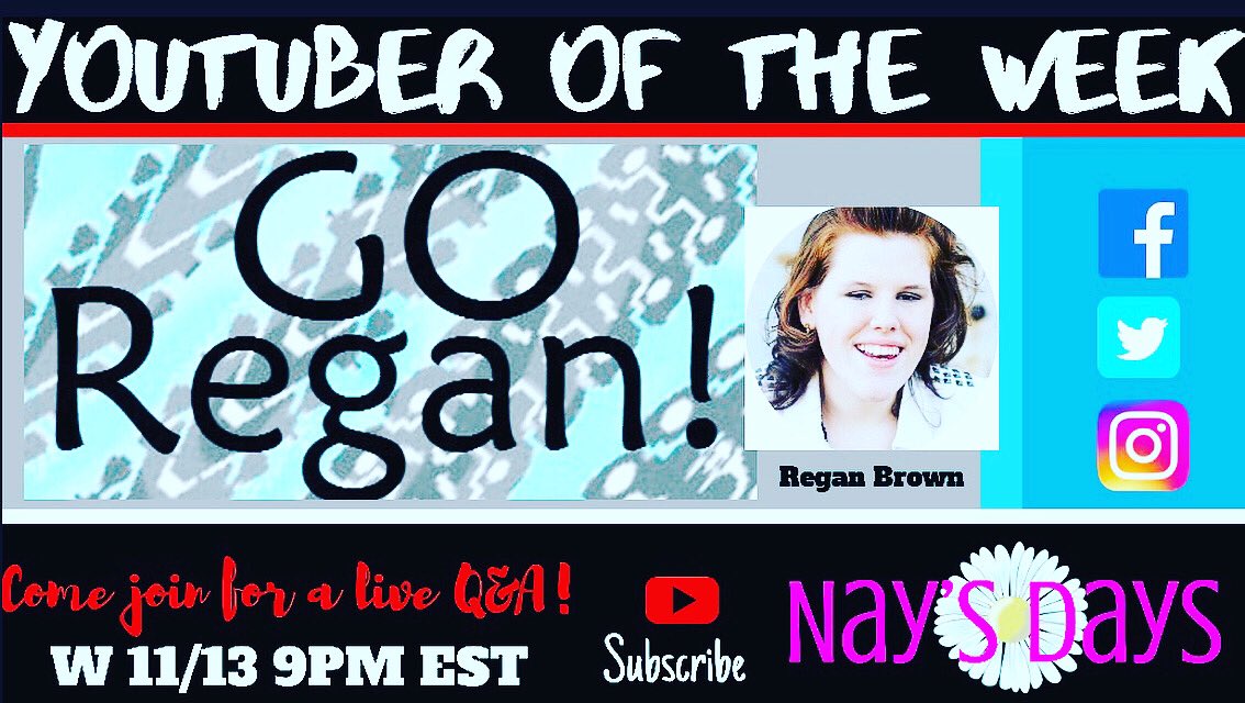 YTOTW_NaysDays's tweet photo. 🌼Nay’s Days is excited to announce this week’s YouTuber Of The Week @Go_Regan1120 ! Come join our live Q&A into this content creators YouTube journey W 11/13 9PM EST!
#naysdays #youtuberoftheweek #YTOTW #GoRegan
@NaysDays_YT @realjohnhagerty https://t.co/VkAFRwK2kk