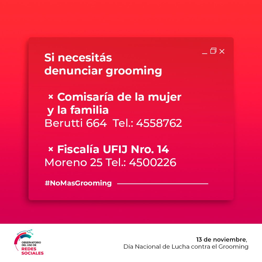 Estas son las vías de denuncia de #grooming en Bahía Blanca ⬇️

#FrenáelGrooming es una iniciativa del Observatorio de Redes Sociales, por el Día Nacional de Lucha contra el Grooming. 
.
Compartí, difundí, ¡sumate!