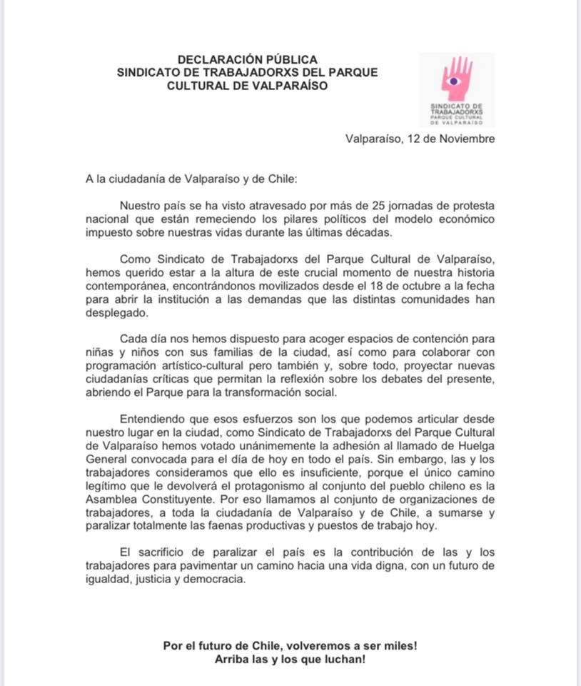 sindicatopcdv's tweet photo. Declaración pública del Sindicato de Trabajadorxs del Parque Cultural de Valparaíso por la #HuelgaGeneral para la #AsambleaConstituyente. https://t.co/gtcvyCnoWn