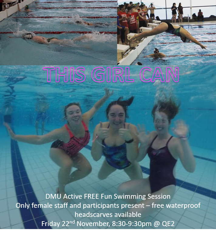 THIS GIRL CAN | <a href="/DMUActiveSwim/">DMU Active Swimming</a> are providing a FREE female only swimming session 🙌

🗓️ 22nd of November
⏰ 20:30 - 21:30
📍 <a href="/DMUleisure/">DMU Leisure Centre</a> (QEII Pool)
🎟️ Free

#HealthyDMU
#ProudToBeMore