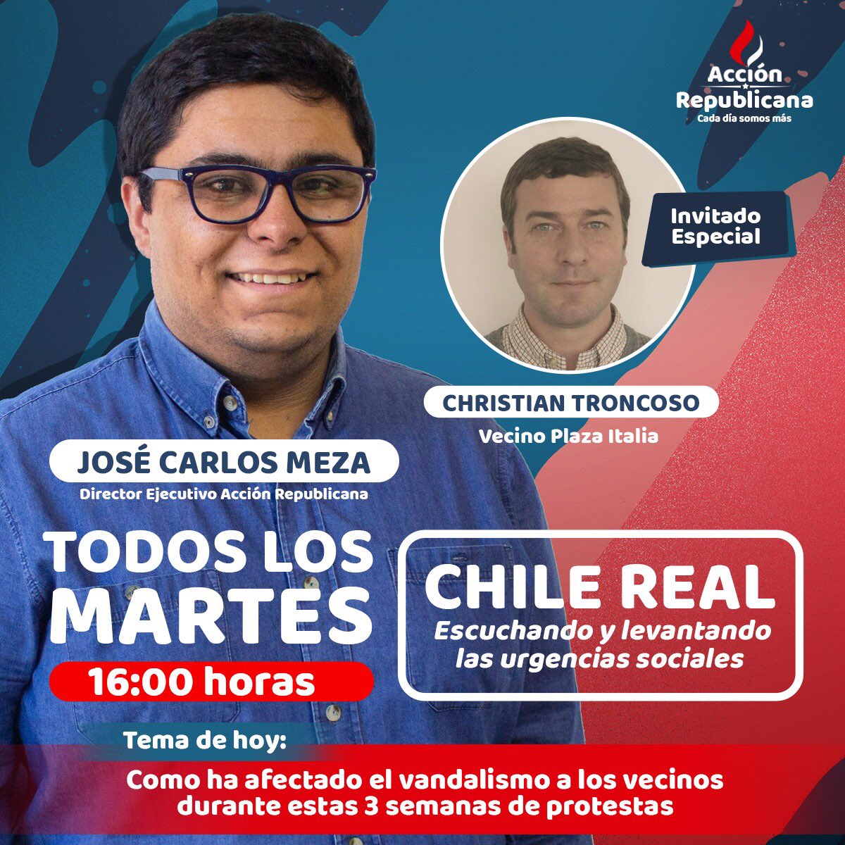a_republicana's tweet photo. 📡 #StreamingAR 

Hoy conoceremos la realidad de esta crisis desde #PlazaItalia. A partir de las 16.00 hrs, un nuevo #StreamingAR con @JoseMezaPereira, quién visitará a Christian Troncoso, vecino del sector que ha sufrido complicadas 3 semanas desde el punto de manifestaciones. https://t.co/5jcA33dgqk