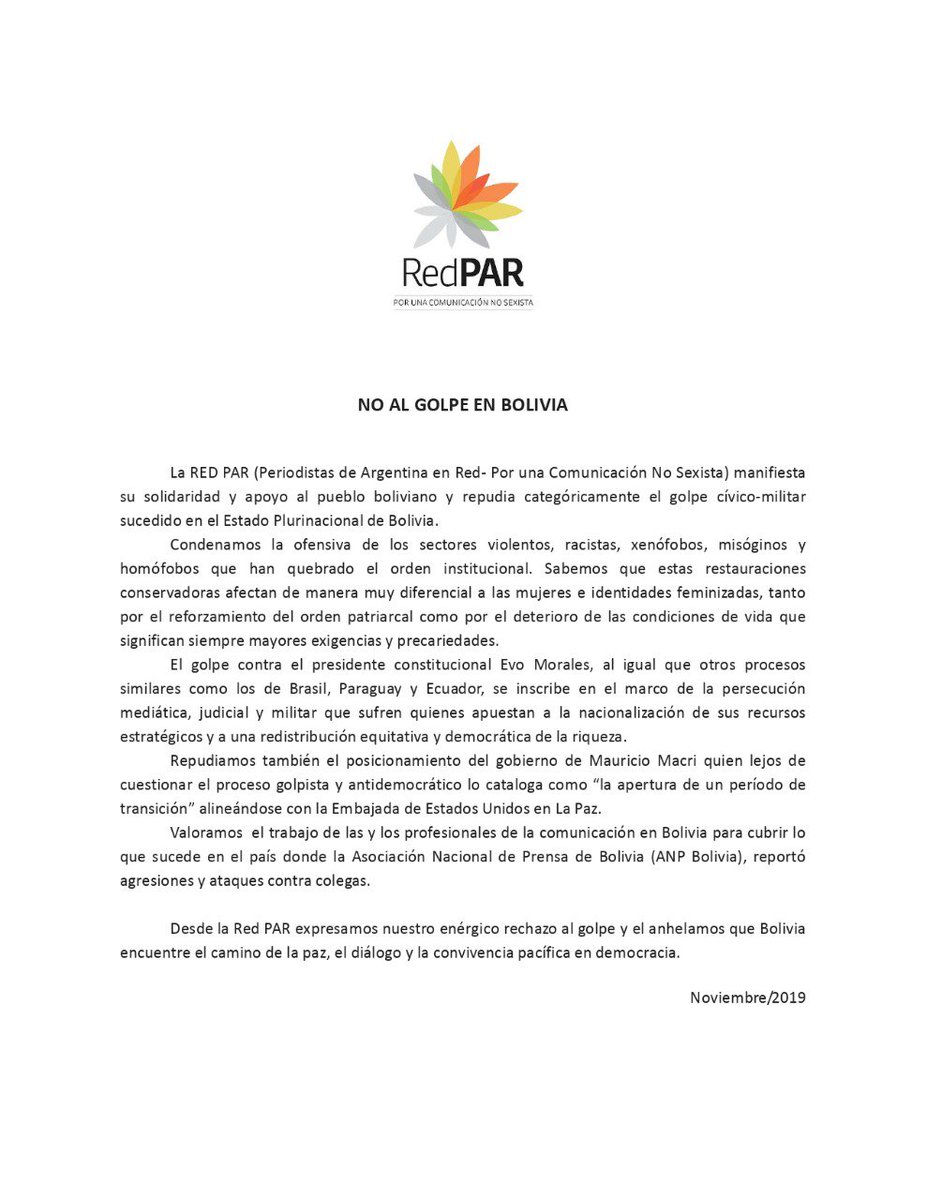 Desde la Red Par manifestamos nuestra solidaridad y apoyo al pueblo boliviano y repudiamos categóricamente el golpe cívico-militar sucedido en el Estado Plurinacional de Bolivia