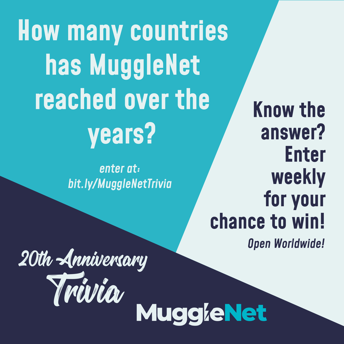 MuggleNet's tweet photo. We've teamed up with some amazing partners to bring you TWENTY WEEKS of amazing giveaways in honor of our 20th anniversary. Click the link to enter. Good luck, Muggles!
https://t.co/n4kVTJRYyZ
#20YearsOfMN https://t.co/MRgmb62RXF