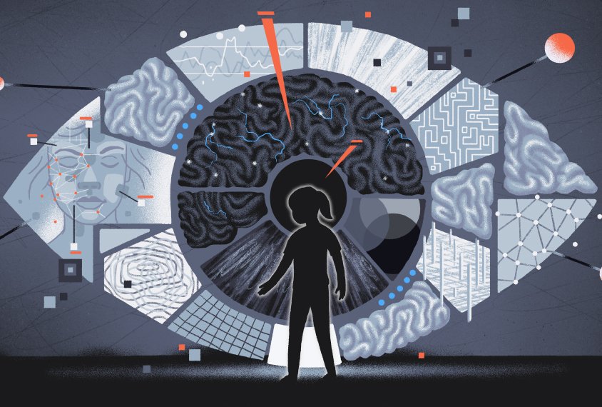 A silhouette of a girl with a ponytail standing in front of a giant image of an eye, her head where the pupil is. The eye image is made up of smaller images of graphs and the convolutions on the outside of the brain.