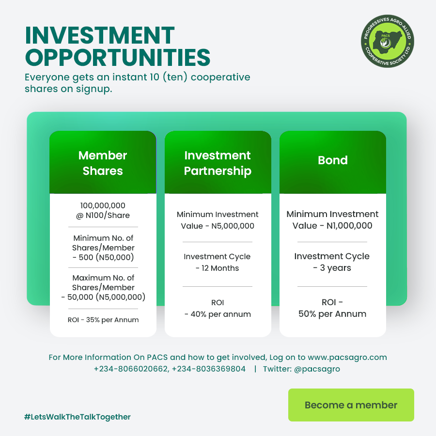 pacsagro's tweet photo. Have you joined PACS yet? The clock is ticking.  Do not be left out.
#SomethingForEveryone

🇳🇬 For More Information On PACS and how to Get Involved/Register/Join/Invest, Log on to our website: https://t.co/xAHUhqJuya

~ PACS TEAM
#EmpoweringWithIntegrity
#SucceedingTogether https://t.co/eDJLESNk6N