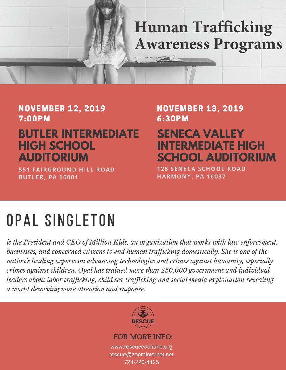 Seneca_Valley's tweet photo. SV parents &amp; the public are invited to learn more about social media exploitation &amp; human trafficking. This can't-miss program is presented by Opal Singleton, President &amp; CEO of @IEMillionKids. The program will be held in the IHS Auditorium @ 6:30 p.m. on Nov. 13. https://t.co/SxNILkCeHm