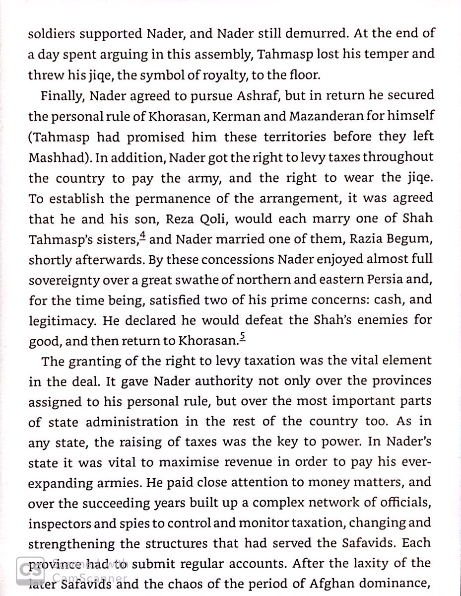 After liberating the Persian capitol Isfahan from the Afghans, the restored Safavid Shah Tahmasp gave Nader personal rule of most of East Iran. Nader restored good administration, with a quality tax collection service.