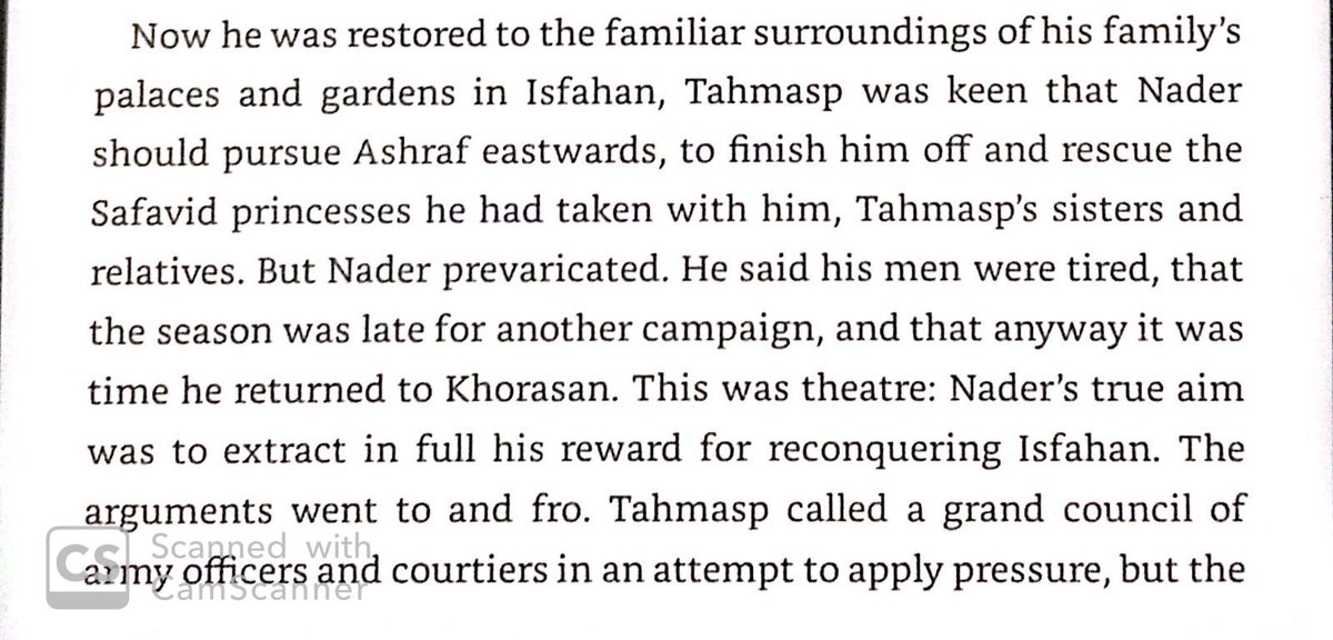 After liberating the Persian capitol Isfahan from the Afghans, the restored Safavid Shah Tahmasp gave Nader personal rule of most of East Iran. Nader restored good administration, with a quality tax collection service.