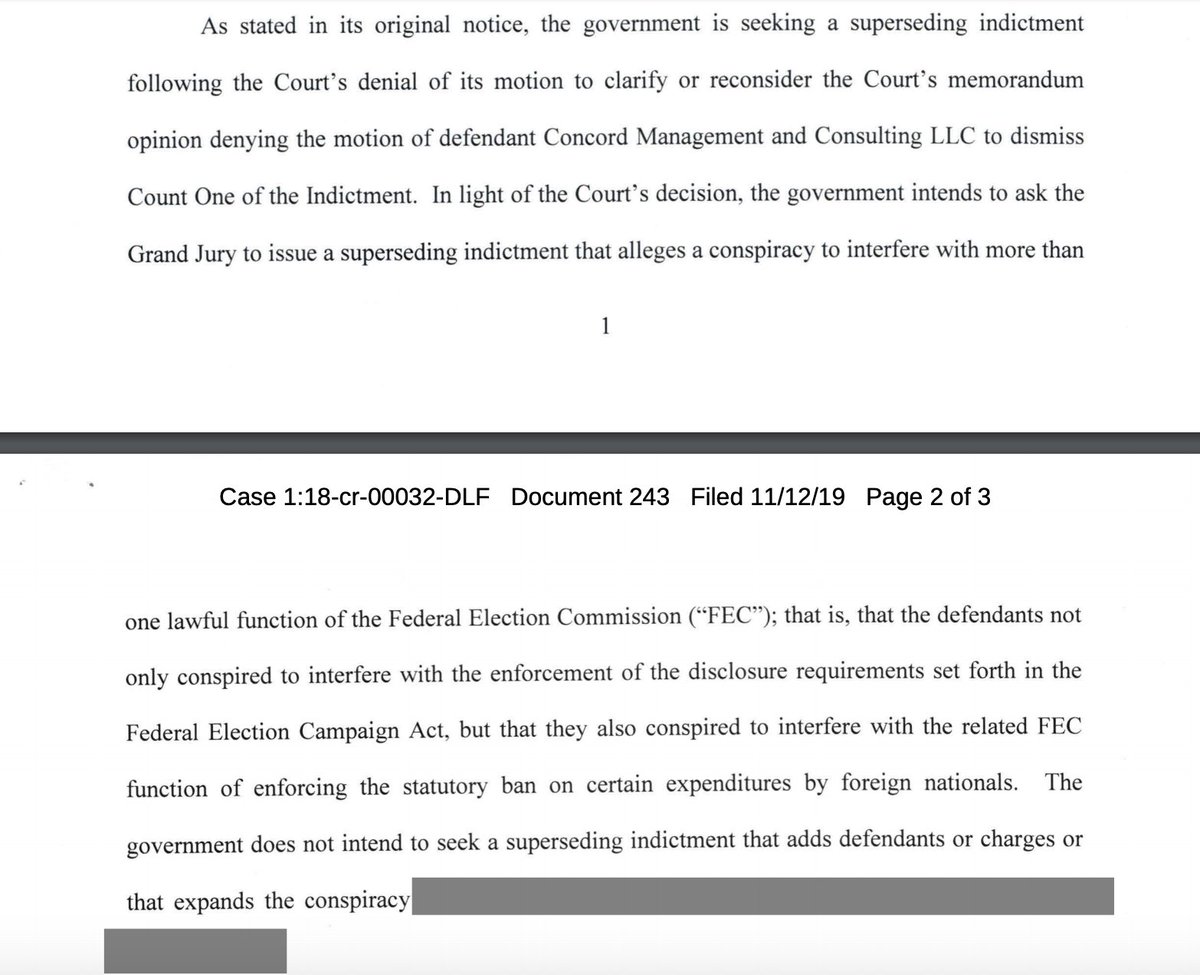 Prosecutors intnd to issue a superseding indictment against the Russians who mounted a propaganda campaign during the 2016 election.

The new indcitment won't add defendants or charges but will allege a broader impact on the FEC's functioning than the original.