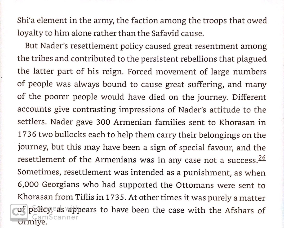Nader resettled many unruly tribes in Khorasan, weakening separatists in other parts of Iran & garrisoning the NE against raiders. Sunni tribesmen were useful as Nader’s loyal soldiers, lacking the dynastic loyalty to the Safavids of the Shia Persians.