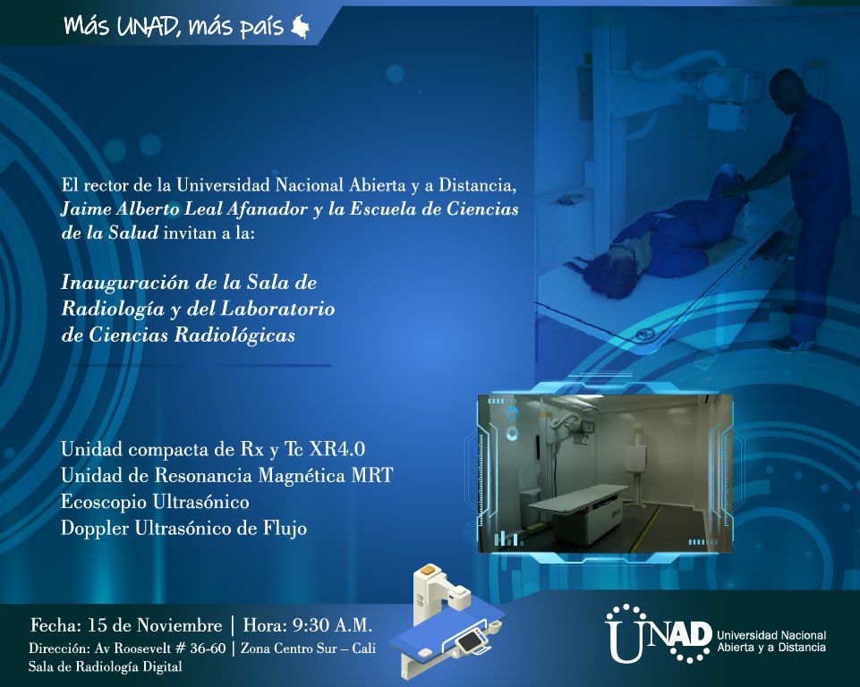 UniversidadUNAD's tweet photo. Seguimos en la construcción de espacios innovadores y de calidad para nuestros estudiantes. 👏🏻
Acompáñanos a la inauguración de la Sala de Radiología y del laboratorio de Ciencias Radiológicas.
#MásUNADMásPaís
#RectorUNAD https://t.co/UVvlAu6bPj