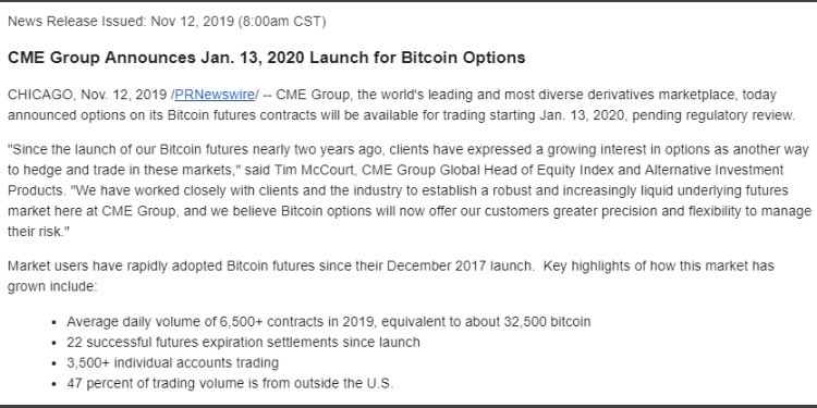 CME lanzará opciones sobre #bitcoin a partir del 13 de enero de 2020