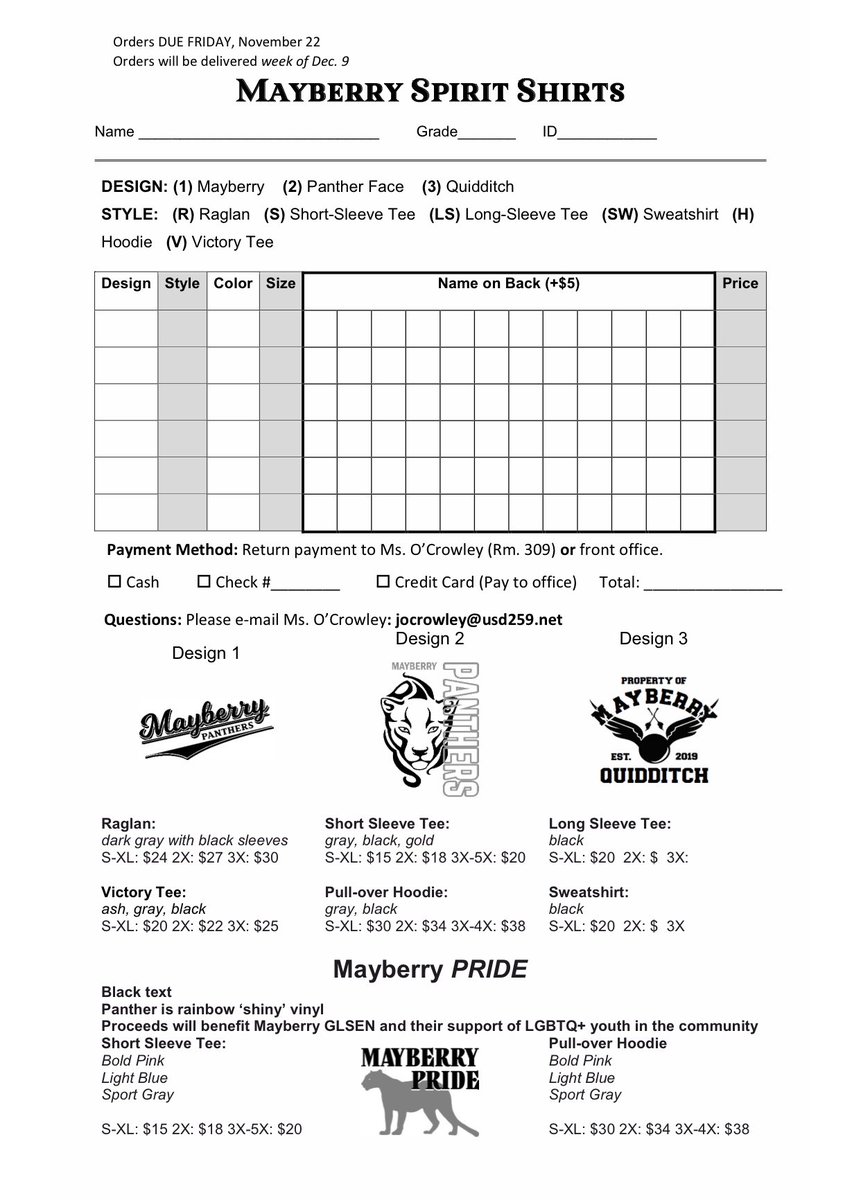 MayberryMMS's tweet photo. SPIRIT SHIRTS are BACK and we have added our new MAYBERRY PRIDE 🏳️‍🌈 shirt. Contact jocrowley@usd259.net for info. Orders due by 11/22 @joc_259  @ictpride @WichitaPride https://t.co/QTQ47YEyHJ