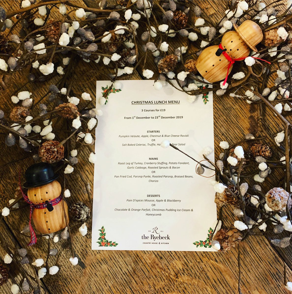 ✨CHRISTMAS IS COMING✨ The snowman are settling in nicely with us are here and getting ready for Christmas at @theryebeck ☃️☃️ Christmas Lunch menu, which will be available from 1st to 23rd December 😊😊 Get booked in now so you aren’t disappointed #Christmas2019 #December